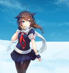  1girl ahoge black_thighhighs blue_eyes blue_serafuku braid brown_hair commentary_request gloves hair_between_eyes hair_flaps hair_ornament kantai_collection kiuzu_(ko_kiu2) scarf school_uniform serafuku shigure_(kancolle) shigure_kai_ni_(kancolle) side_braid simple_background solo thighhighs white_scarf 