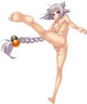  :| absurdres ass bangs barefoot braid breasts closed_mouth facial_scar from_side full_body gakushin grimace grin hair_ornament high_kick highres katagiri_hinata kicking kneepits koihime_musou long_hair medium_breasts nipples no_pussy nude official_art red_eyes scar serious shin_koihime_musou silver_hair single_braid smile soles solo transparent_background twisted_torso v-shaped_eyebrows very_long_hair 