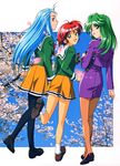  absurdres asou_kasumi blue_eyes blue_hair cherry_blossoms green_hair highres hinomoto_hikari kokura_masashi light_blue_hair loafers long_sleeves looking_at_viewer looking_back minazuki_kotoko multiple_girls odd_one_out official_art open_mouth pantyhose pencil_skirt photo_(object) pleated_skirt profile red_eyes red_hair school_uniform shoes short_hair skirt tokimeki_memorial tokimeki_memorial_2 yellow_eyes 