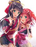 :d aqua_eyes arm_warmers bangs black_hair choker commentary_request earrings frills hair_between_eyes hair_ornament hair_tubes half_updo holding_hands index_finger_raised japanese_clothes jewelry kanzashi kimono kurosawa_dia kurosawa_ruby light_blush long_hair looking_at_viewer love_live! love_live!_sunshine!! mole mole_under_mouth multiple_girls my_mai_tonight obi open_mouth red_hair red_neckwear sahara_(charlotte) sash short_kimono short_twintails shorts siblings sisters smile twintails twitter_username two_side_up 