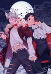  alternate_eye_color ameli-ya animal_ears bad_id bad_pixiv_id bat black_hair black_nails blue_eyes cape coat collar cravat extra_ears fangs fingernails full_moon fur_trim grin hair_slicked_back halloween highres jewelry katsuki_yuuri male_focus moon multiple_boys nail_polish pants pointy_ears red_eyes ring sharp_fingernails shirt silver_hair sky smile spiked_collar spikes star_(sky) starry_sky torn_clothes torn_pants torn_shirt vampire viktor_nikiforov wolf_ears yuri!!!_on_ice 