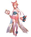  animal_ears bangs bare_shoulders bell cat_ears cat_tail elbow_gloves eyebrows_visible_through_hair fingerless_gloves fire_emblem fire_emblem_heroes fire_emblem_if floral_print fuji_choko full_body fur_trim gloves hair_ornament hairband highres holding japanese_clothes looking_at_viewer official_art open_toe_shoes pink_hair red_eyes sakura_(fire_emblem_if) short_hair skirt sleeveless smile solo standing tail thighhighs transparent_background zettai_ryouiki 