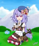  :d beret boots bow braid dogoo dress food four_goddesses_online:_cyber_dimension_neptune hat holding holding_food long_hair looking_at_viewer lukazawa neptune_(series) onigiri open_mouth pincushion purple_eyes purple_hair pururut seiza short_sleeves sitting smile solo very_long_hair 