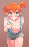  areolae blue_eyes blue_shirt blush body_blush breasts collarbone grey_shorts highres kasumi_(pokemon) kenshin187 leaning_forward looking_at_viewer loose_clothes loose_shirt medium_breasts navel nipples no_bra one_breast_out orange_hair parted_lips pokemon pokemon_(game) pokemon_rgby shirt short_shorts shorts side_ponytail simple_background solo stomach sweat tank_top 