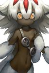  bright_pupils commentary_request dark_skin faputa fewer_digits highres looking_at_viewer made_in_abyss midriff monster_girl multiple_arms navel simple_background solo takanoriha_kasui very_dark_skin wavy_mouth white_background white_fur white_hair yellow_eyes 
