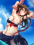  1girl ahoge armpits arms_up bikini bikini_pull bikini_top_only black_bikini blue_eyes blush breasts brown_hair clothes_pull cloud collarbone commentary_request day from_below hair_ornament kantai_collection kiuzu_(ko_kiu2) long_hair medium_breasts navel nipples one_eye_closed outdoors sarong shigure_(kancolle) sky solo swimsuit tan tentacles wading 