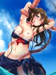  ahoge armpits arms_up bikini_pull black_bikini_top blue_eyes blush breasts brown_hair collarbone day from_below hair_ornament kantai_collection kiuzu_(ko_kiu2) long_hair medium_breasts navel nipples one_eye_closed outdoors sarong shigure_(kantai_collection) solo tan tentacles wading 