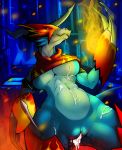  anthro armor athletic big_breasts blue_scales breasts claws clothed clothing cum cum_in_pussy cum_inside cum_on_face cum_on_leg cum_on_stomach dew_dragon digimon digimon_(species) digimorph female fire flamedramon helmet horn multicolored_scales non-mammal_breasts pussy pussy_juice red_eyes scales scalie solo thick_thighs two_tone_scales unconvincing_armor under_boob white_scales 
