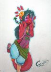 2017 3_toes anthro barefoot breasts breath_of_the_wild cainethelongshot clothed clothing copic costume female fur hair kitsunebi long_hair mammal markings mustelid nintendo red_eyes red_fur rei rito shindorei simple_background sketch smile solo standing the_legend_of_zelda toes traditional_media_(artwork) video_games white_background 