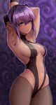  armpits arms_up bangs bare_shoulders black_gloves black_hairband black_legwear black_leotard breasts center_opening closed_mouth commentary_request cowboy_shot dark_skin eyebrows_visible_through_hair fate/prototype fate/prototype:_fragments_of_blue_and_silver fate_(series) fingerless_gloves gloves hairband hassan_of_serenity_(fate) highres leotard looking_at_viewer medium_breasts nail_polish navel pantyhose purple_eyes purple_hair short_hair smile solo standing yin-ting_tian 