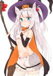  :t absurdres animal_ears azur_lane bare_shoulders bloomers blue_eyes blush breasts broom cat_ears choker commentary_request cowboy_shot detached_sleeves flat_chest hair_ornament hair_ribbon halloween hammann_(azur_lane) hand_on_own_chest hat highres jack-o'-lantern long_hair midriff minikon navel one_side_up pout ribbon small_breasts solo staff tearing_up thighhighs underwear v-shaped_eyebrows white_hair white_legwear witch_hat 