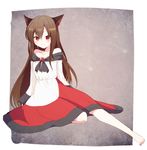  animal_ears aoi_(annbi) barefoot blush brooch brown_hair commentary_request dress feet highres imaizumi_kagerou jewelry long_hair long_sleeves looking_at_viewer red_eyes simple_background smile solo touhou wolf_ears 