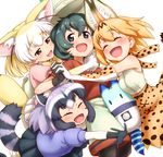  :d ^_^ animal_ears black_eyes black_gloves blonde_hair bow bowtie brown_eyes closed_eyes commentary common_raccoon_(kemono_friends) elbow_gloves extra_ears eyebrows_visible_through_hair fang fennec_(kemono_friends) fox_ears fox_tail fur-trimmed_gloves fur_trim girl_sandwich gloves green_hair grey_hair group_hug hair_between_eyes happy high-waist_skirt holding_hands hug interlocked_fingers kaban_(kemono_friends) kemono_friends kobamiso_(kobalt) lucky_beast_(kemono_friends) multicolored_hair multiple_girls open_mouth print_gloves print_skirt puffy_short_sleeves puffy_sleeves raccoon_ears raccoon_tail red_shirt sandwiched serval_(kemono_friends) serval_ears serval_print shirt short_hair short_sleeves shorts silver_hair simple_background skirt sleeveless sleeveless_shirt smile tail white_background white_hair white_shirt yellow_neckwear 