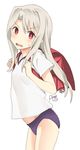  artist_name backpack bag blue_buruma blush bright_pupils buruma cowboy_shot fate/kaleid_liner_prisma_illya fate_(series) flat_chest from_side gym_uniform illyasviel_von_einzbern leaning_forward light_brown_hair long_hair open_mouth randoseru red_backpack red_eyes rkrk see-through_silhouette shirt short_sleeves simple_background solo sweatdrop wavy_mouth white_background white_pupils white_shirt 