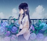  absurdres black_hair black_skirt blue_eyes blush crying crying_with_eyes_open eyebrows_visible_through_hair flower highres hydrangea looking_at_viewer original outdoors parted_lips rain skirt sleeves_past_wrists solo tears wet zhibuji_loom 