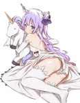  ass azur_lane bare_shoulders breasts closed_mouth dress elbow_gloves gloves long_hair looking_back lying object_hug one_side_up purple_eyes purple_hair saboten shoulder_blades simple_background small_breasts solo stuffed_alicorn stuffed_animal stuffed_toy thighhighs unicorn_(azur_lane) white_background white_dress white_gloves white_legwear 