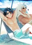  armpits arms_behind_head bare_chest beach black_hair blue-framed_eyewear blue_eyes brilliant_summer dark_skin dark_skinned_male day eyewear_on_head fate/grand_order fate_(series) fujimaru_ritsuka_(male) grin long_hair looking_at_viewer male_focus male_swimwear multiple_boys muscle scar siegfried_(fate) sleeping smile sunglasses swim_trunks swimwear touko_(rinto) umbrella white_hair 