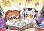  :d book brown_eyes brown_hair cake commentary_request curry curry_rice drooling eurasian_eagle_owl_(kemono_friends) food gradient_hair head_wings highres holding japari_bun japari_symbol kemono_friends lying multicolored_hair multiple_girls northern_white-faced_owl_(kemono_friends) on_stomach open_mouth owl_ears pizza pointing reading rice sekiguchi_miiru short_hair silver_hair smile sparkle strawberry_shortcake sushi translation_request 