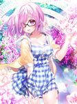  :d alternate_costume black-framed_eyewear blush breasts cleavage collarbone cowboy_shot dajyu day dress fate/grand_order fate_(series) floating_hair flower glasses long_hair looking_at_viewer mash_kyrielight medium_breasts open_mouth outdoors pink_flower pink_hair purple_eyes purple_flower short_dress smile solo standing sundress 