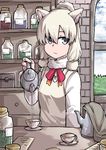  :/ alpaca_ears alpaca_suri_(kemono_friends) animal_ears arm_at_side beige_vest cup day expressionless fur_collar grey_eyes hair_bun hair_tie hand_up highres holding indoors jar kemono_friends long_sleeves looking_to_the_side pouring red_neckwear shell solo standing takoongyi teacup teapot upper_body window 