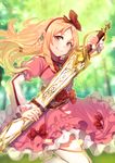  bad_id bad_pixiv_id blonde_hair bow brown_eyes day dress earrings eromanga_sensei floating_hair forest hair_bow hairband head_tilt highres holding holding_sword holding_weapon jewelry kurono_kito layered_dress layered_sleeves left-handed long_hair looking_at_viewer nature outdoors pink_dress pointy_ears red_bow red_hairband sheath short_sleeves smile solo standing sword thighhighs unsheathing weapon white_legwear yamada_elf 