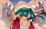  adjusting_eyewear collarbone earrings floating_hair green_eyes green_hair hair_between_eyes hatsune_miku hood hood_up jewelry kkmi long_hair looking_over_eyewear mask necklace red_sweater shirt solo_focus suna_no_wakusei_(vocaloid) sunglasses sweater twintails upper_body vocaloid white_shirt 