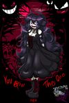  1girl 2017 @_@ absurdres ahoge al_bhed_eyes artist_name bare_shoulders black_background black_eyes black_footwear boots breasts cleavage collar collarbone corset darkmirroremo23 dated detached_sleeves dress english fangs full_body gastly gengar haunter headband hex_maniac_(pokemon) jpeg_artifacts large_breasts long_hair looking_to_the_side moon npc_trainer open_mouth pokemon pokemon_(creature) pokemon_(game) pokemon_xy purple_dress purple_eyes purple_hair red_background red_sclera sharp_teeth signature sleeveless_dress smile standing teeth text tombstone watermark 