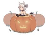  animal_ear_fluff animal_ears bare_shoulders bell bell_collar black_gloves blue_eyes bow breasts cat_ears cat_tail collar elbow_gloves expressionless eyebrows gloves halloween jack-o'-lantern jingle_bell medium_breasts original pumpkin shone silver_hair simple_background solo tail tail_bow white_background 