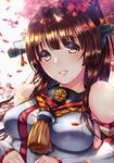  autumn autumn_leaves bangs bare_shoulders between_breasts blush breasts brown_eyes brown_hair collar commentary_request day detached_sleeves eyebrows_visible_through_hair flower hair_flower hair_ornament headgear highres kantai_collection kazu_(otonoki86) large_breasts leaf long_hair looking_at_viewer maple_leaf parted_lips petals pink_lips ponytail rope sidelocks smile solo teeth tree upper_body yamato_(kantai_collection) z_flag 