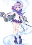  :d azur_lane blue_eyes commentary_request crown hair_ornament hair_ribbon hairpin highres holding javelin_(azur_lane) long_hair looking_at_viewer machinery mini_crown ooki_ine open_mouth polearm ponytail purple_hair ribbon scarf silver_hair smile solo torpedo_tubes turret weapon 