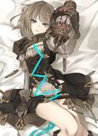  bangs bed_sheet blue_eyes cage cleavage_cutout dress eyebrows_visible_through_hair flat_chest gloves gretel_(sinoalice) groin hansel_(sinoalice) happy_turn2 holding juliet_sleeves light_brown_hair long_hair long_sleeves looking_at_viewer lying no_panties on_back parted_lips puffy_sleeves sinoalice solo 