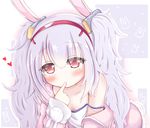  all_fours animal_ears animal_print azur_lane bunny_print collarbone commentary_request fake_animal_ears finger_to_mouth hairband highres laffey_(azur_lane) long_hair looking_at_viewer red_eyes ridy_(ri_sui) silver_hair solo twintails 