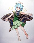  :d animal_print barefoot black_shirt blue_hair butterfly_print butterfly_wings eternity_larva full_body green_skirt highres leaf looking_at_viewer open_mouth orange_eyes outstretched_arms sasa_kichi shirt short_hair short_sleeves skirt smile solo sparkle spread_arms touhou traditional_media wings 