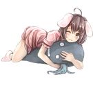  ahoge animal_ears bare_arms bare_legs brown_eyes brown_hair bunny_ears commentary_request dress full_body highres inaba_tewi looking_at_viewer lying on_stomach one_eye_closed pink_dress puffy_short_sleeves puffy_sleeves shimada_sara short_dress short_hair short_sleeves socks solo tears touhou transparent_background white_legwear 