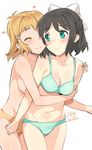  :3 ^_^ arm_at_side artist_name black_hair blonde_hair blush bow bra breasts cleavage closed_eyes closed_mouth collarbone convenient_arm cowboy_shot eyebrows_visible_through_hair green_bra green_eyes green_panties hair_bow hair_ornament half_updo heart hug hug_from_behind kohinata_miku medium_breasts multiple_girls orange_panties panties rkrk senki_zesshou_symphogear short_hair simple_background tachibana_hibiki_(symphogear) topless twitter_username underwear underwear_only white_background yuri 