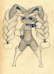  anthro braided_hair breasts featureless_breasts female front_view hair hi_res lopunny nintendo pok&eacute;mon pok&eacute;mon_(species) pussy simple_background smile solo standing tush v_sign video_games 