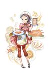  apron baozi bird braid chicken dim_sum dumpling food full_body green_eyes hat highres holding holding_plate looking_at_viewer nikki_quinnell official_art plate princess_principal princess_principal_game_of_mission purple_hair shoes shrimp shumai_(food) smile solo standing transparent_background white_hat 
