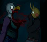  anthro avian bald_eagle beak big_breasts bird blood breasts covering_mouth death duo eagle english_text eyebrow_piercing facial_piercing hladilnik impalement open_mouth parrot piercing scared slightly_chubby sound_effects text 