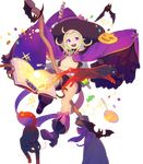  ankle_boots bat book boots breasts broom broom_riding candy cat fire_emblem fire_emblem:_kakusei fire_emblem_heroes food full_body hat highres lollipop long_hair mamkute midriff nagisa_kurousagi navel nono_(fire_emblem) official_art open_mouth pointy_ears purple_eyes shorts small_breasts smile solo sparkle transparent_background wide_sleeves witch witch_hat 