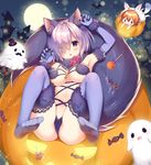  :d :o animal_ears artist_name blush breasts brown_hair candy commentary_request cosplay dangerous_beast elbow_gloves fate/grand_order fate_(series) food fou_(fate/grand_order) fou_(fate/grand_order)_(cosplay) fujimaru_ritsuka_(female) full_moon fur-trimmed_gloves fur-trimmed_legwear fur_collar fur_trim futaba_miwa ghost gloves hair_over_one_eye halloween jack-o'-lantern lollipop lying mash_kyrielight medium_breasts moon multiple_girls navel night on_back open_mouth orange_hair purple_eyes purple_gloves purple_hair purple_legwear revealing_clothes short_hair signature smile sparkle tail thighhighs thighs wolf_ears wolf_tail 