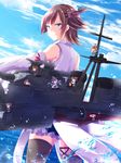  bare_shoulders blue_eyes boots brown_hair cannon day detached_sleeves fairy_(kantai_collection) flipped_hair frilled_skirt frills from_behind green_skirt hairband hiei_(kantai_collection) kantai_collection minigirl multiple_girls nanoha-h nontraditional_miko ocean outdoors ribbon-trimmed_sleeves ribbon_trim rigging short_hair size_difference skirt sky smokestack thigh_boots thighhighs turret 