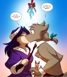  2018 angry anthro blue_background blue_hair blush brown_fur canine christmas clothed clothing duo empty_eyes english_text eyes_closed female feral fur hair hat hi_res holidays human human_on_anthro interspecies keidran kissing male mammal maren_taverndatter mistletoe mrs._nibbly necktie necktie_grab partially_colored plant ponytail rodent santa_hat simple_background squirrel surprise sythe_(twokinds) text tom_fischbach twokinds webcomic wolf yellow_eyes 