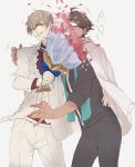  ... 2boys blonde_hair bouquet brown_hair casual_suit covering_face dark_skin dark_skinned_male earrings fate/grand_order fate_(series) flower formal gilgamesh highres jewelry multiple_boys ozymandias_(fate) petals pvc_parfait suit 