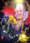  :q absurdres animal_print bare_shoulders bat_print bat_wings bikini breasts bridal_gauntlets brown_eyes chloe_von_einzbern collarbone commentary_request dark_skin demon_tail elbow_gloves facial_tattoo fate/kaleid_liner_prisma_illya fate_(series) fingernails front-tie_top full_body gloves hair_between_eyes half_updo halloween heart_tattoo high_heels highres horns jack-o'-lantern long_hair looking_at_viewer nail_polish navel oni_horns pink_hair print_bikini print_gloves print_legwear side-tie_bikini small_breasts solo stomach_tattoo swimsuit tail tattoo thighhighs tongue tongue_out v-shaped_eyebrows wings wu_yao_jun yellow_bikini yellow_gloves yellow_legwear 