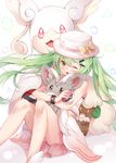  ;d animal bag bow bracelet gen_5_pokemon green_eyes green_hair hair_ornament hairclip handbag hat hat_bow highres holding holding_animal holding_poke_ball holding_pokemon jewelry long_hair mega_audino minccino nahaki one_eye_closed open_mouth pink_hat poke_ball pokemon pokemon_(creature) sitting smile solo whimsicott yellow_bow 