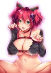  bangs bottomless breasts butterfly_sitting cleavage collarbone commentary_request detached_sleeves eyebrows_visible_through_hair fangs green_eyes hair_between_eyes hair_ornament hinazuka_ryou huge_breasts looking_at_viewer navel open_mouth original out-of-frame_censoring red_hair sidelocks simple_background skull_hair_ornament smile solo star teeth twintails white_background x_hair_ornament 