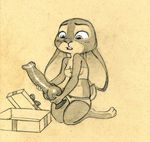  anthro barefoot bra breasts buckteeth canine_dildo cleavage clothed clothing dildo disney embarrassed female gift_box hi_res holding_object holding_sex_toy judy_hopps kneeling knotted_dildo lagomorph looking_down mammal monochrome nervous open_mouth panties pencil_(artwork) rabbit sex_toy solo teeth traditional_media_(artwork) tush underwear zootopia 