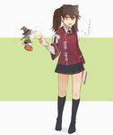  :d annin_musou aqua_hair black_legwear black_skirt braid bread brown_eyes brown_hair commentary_request fairy_(kantai_collection) food hair_between_eyes hat highres japanese_clothes kantai_collection kariginu kneehighs long_hair long_sleeves magatama melon_bread multiple_girls open_mouth pleated_skirt ryuujou_(kantai_collection) single_braid skirt smile translated twintails visor_cap witch_hat 