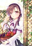  apple basket black_hair blueberry blush braid breasts eyebrows_visible_through_hair food fruit highres holding holding_basket long_hair long_sleeves looking_at_viewer medium_breasts original parted_lips pink_eyes solo strawberry twin_braids yorarry 