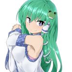  bangs blue_eyes bra closed_mouth commentary_request detached_sleeves frog_hair_ornament from_side green_hair hair_ornament hair_tubes kochiya_sanae long_hair looking_at_viewer pink_bra simple_background smile snake_hair_ornament solo touhou tyouseki underwear upper_body white_background 